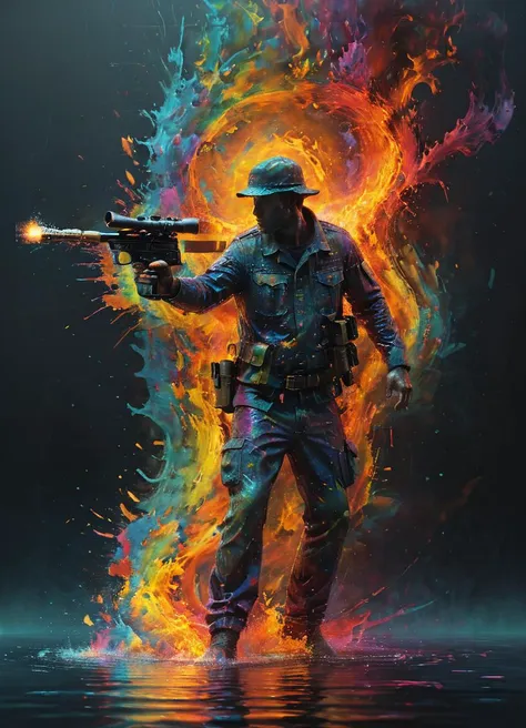 man standing and aiming a  dl44blstr gun, highly detailed, cinematic, colorful, splashing, reflections, water, fire, energy, movement, in motion, fluid,
 <lora:ArtfullyME_SDXL__v1:0.6> Artme <lora:Blastech_DL-44_Heavy_Blaster_Pistol_SDXL:0.8> dl44blstr <lora:Dont_Stop_Me_Now:0.5>