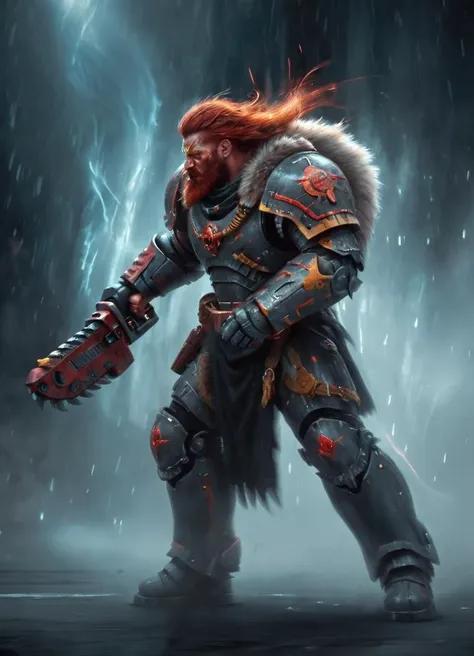 science fiction, cinematic action scene of a futuristic warrior in heavy power armor swinging a 40kchainsword, fur coat, grim expression, muscular, dark background, red beard with wild long hair, ditry from the battle, dramatic light, foggy, piercing eyes, dark, glowing 40kchainsword, sparks flying, light effects,
<lora:Chainsword_-_Warhammer_40000_SDXL:0.8> <lora:Dont_Stop_Me_Now:0.8>