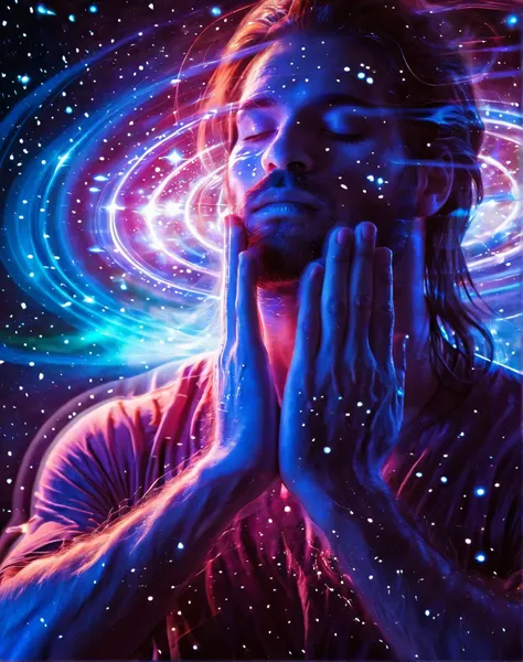 Space-themed long haired man,hands on face,eyes closed,beautiful,majestic, <lora:Dont_Stop_Me_Now:0.8> . Cosmic, celestial, stars, galaxies, nebulas, planets, science fiction, highly detailed