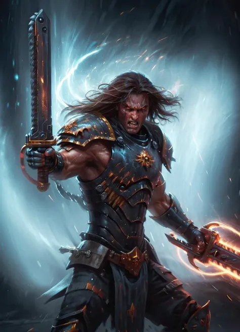 science fiction, close-up portrait of a futuristic warrior in heavy battle armor swinging a 40kchainsword, grim expression, muscular, dark background, wild long hair, ditry from the battle, dramatic light, foggy, piercing eyes, dark, glowing 40kchainsword, sparks flying, light effects,
<lora:Chainsword_-_Warhammer_40000_SDXL:0.8> <lora:Dont_Stop_Me_Now:0.8>