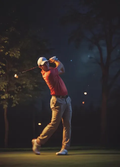 cinematic photo of a golfer, swinging his club at night with the floodlight on, at a driving range, s35mm photograph, film, bokeh, professional, 4k, highly detailed
<lora:Dont_Stop_Me_Now:0.8>