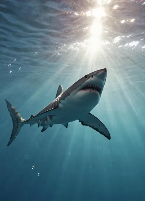 underwater photo of a shark in motion swimming through air bubbles, rays of light from the water surface penetrating the deep ocean, dramatic, strong, film, bokeh, professional, 4k, highly detailed
<lora:Dont_Stop_Me_Now:.1.2>