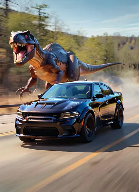 <lora:ChargerHellcatSDXL:0.8>a black chargerhellcatsrt car driving down the road with black windows and a driver behind the steering wheel, chased by a giant t-rex,
<lora:Dont_Stop_Me_Now:0.8>