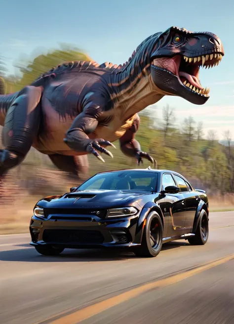 <lora:ChargerHellcatSDXL:0.8>a black chargerhellcatsrt car driving down the road with black windows and a driver behind the steering wheel, chased by a giant t-rex,
<lora:Dont_Stop_Me_Now:0.8>