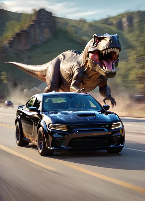 <lora:ChargerHellcatSDXL:0.8>a black chargerhellcatsrt car driving down the road with black windows and a driver behind the steering wheel, chased by a giant t-rex,
<lora:Dont_Stop_Me_Now:0.8>