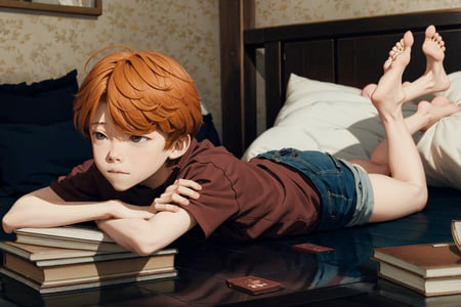 anime style, , solo focus, dark brown eyes, a young boy laying on a bed reading a book,reading, casual shirt, feet up, ron weasley, <lora:Fonglets_Ron_Weasely:1>