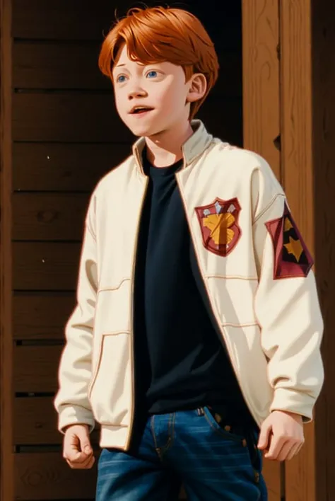 ron weasley, <lora:Fonglets_Ron_Weasely:1> 1boy, a young boy standing <lora:teamRocketUniform_V1:0.9>, team rocket uniform, white jacket, black shirt, undershirt, jeans