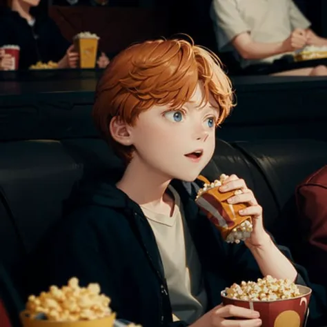 ron weasley, <lora:Fonglets_Ron_Weasely:1> 1boy, a young boy holding popcorn while sitting in a cinema, cinema, movies, casual shirt