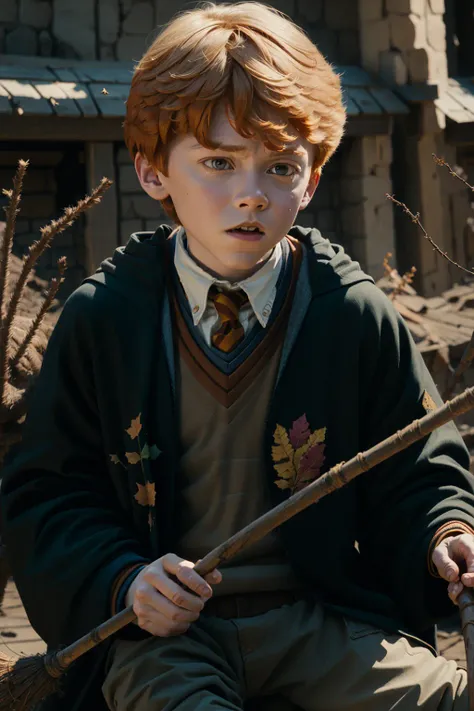 solo focus, child, brown eyes, a young boy sitting on broom, flying a broom in the sky ron weasley, <lora:Fonglets_Ron_Weasely:0.9>