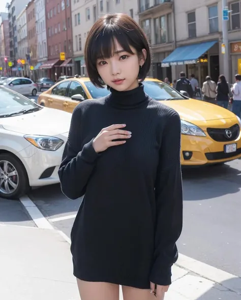 pureerosface_v1, best quality, photorealistic, 8k, high res, full color, 1girl, woman, 20 years old woman, (skindentation), (portrait:0.6), ((cityscapebackground:1.62)), full color, ((smallsize round breast, highneck sweater:1.65)), closed mouth, straight-looking at viewer:1.8, (1girl eyes looking at viewer:1.55), (short-length hair, blackhair, partedbangs:1.45), (bokeh),  <lora:CBAV-mana:0.55>