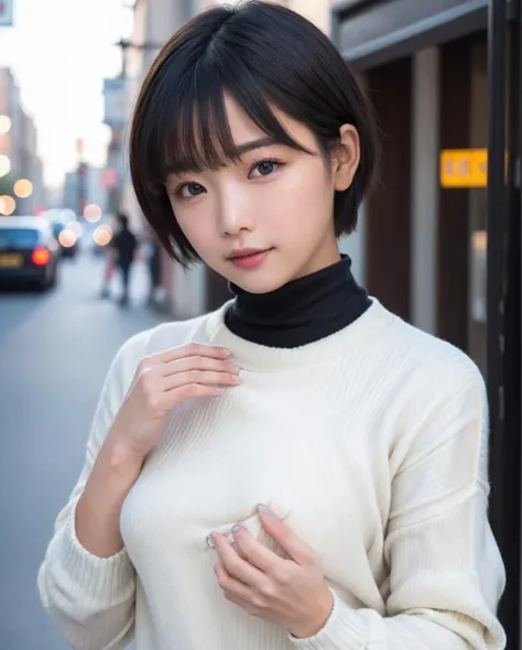 pureerosface_v1, best quality, photorealistic, 8k, high res, full color, 1girl, woman, 20 years old woman, (skindentation), (portrait:0.6), ((cityscapebackground:1.62)), full color, ((smallsize round breast, highneck sweater:1.65)), closed mouth, straight-looking at viewer:1.8, (1girl eyes looking at viewer:1.55), (short-length hair, blackhair, partedbangs:1.45), (bokeh), <lora:CBAV-mana:0.55>