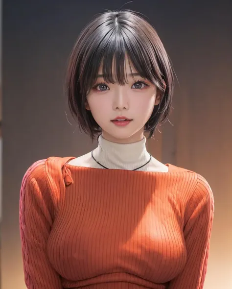 pureerosface_v1, best quality, photorealistic, 8k, high res, full color, 1girl, woman, 20 years old woman, (skindentation), (portrait:0.6), ((cityscapebackground:1.62)), full color, ((smallsize round breast, highneck sweater:1.65)), closed mouth, straight-looking at viewer:1.8, (1girl eyes looking at viewer:1.55), (short-length hair, blackhair, partedbangs:1.45), (bokeh),  <lora:CBAV-mana:0.65>
