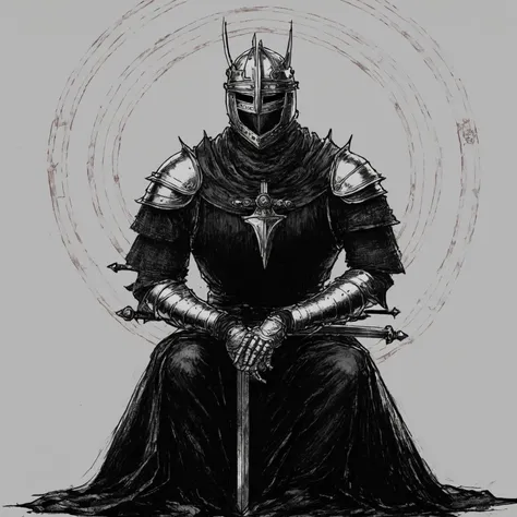 <lora:DarkInkAI:1> DarkInkAI, kneeling knight, circle of power around him, inksketch