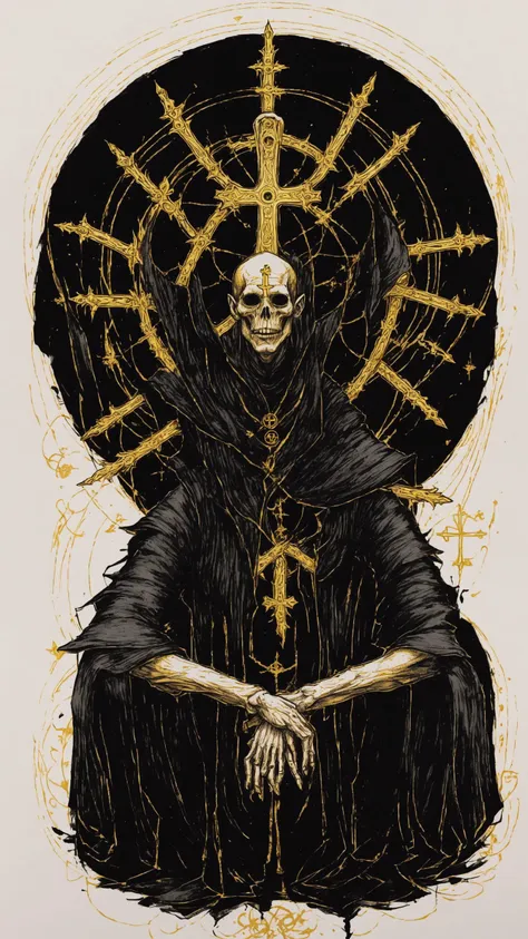 <lora:DarkInkAI:1> DarkInkAI, a gothic wizard, floating cross legged, circle of arms, radiating power, gold ink, inksketch