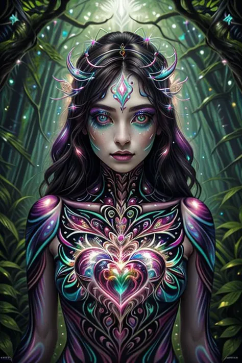 woman in a mythical forest, masterpiece, perfect face, intricate details, horror theme <lora:The_Chromatic_Goddess_Collection:1> a woman, chromatic, bodypaint, sacred heart, midshot, rainbow sparkles, holographic, cybertronic, rainbowesque, mother of pearl, celestial, emo, iridescen