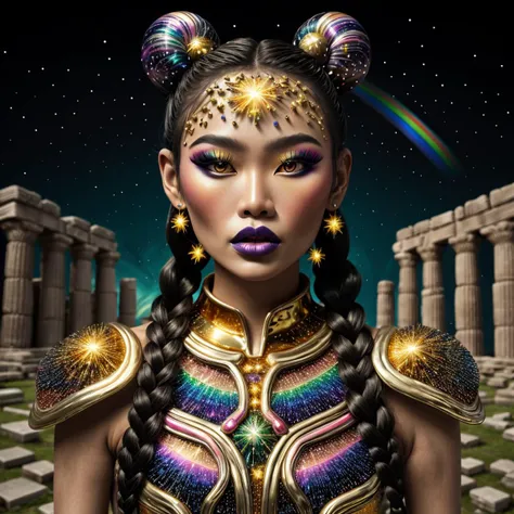 raw photo, masterpiece, (((chromatic))), Midshot of an Asian woman in royal armor with hints of gold and black. ((rainbow sparkles)), Her hair, hair buns and ponytails braided with diamonds and crystal orbs, complements her chromatic makeup and dark purple lips outlined in gold. The ambiance captures the essence of 32k UHD colorful fantasy realism, standing in from of the ancient ruins of a monolithich temple, (wearing celestial cosmic themed bodypaint:.75), (wearing space armor:.25), high resolution, 8k, hasselblad, sfw, <lora:tcg1:.95>
