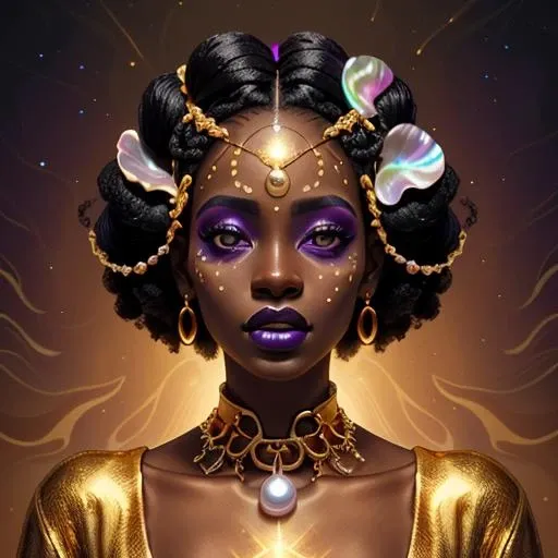 A closeup of an African woman with celestial hair, her face a canvas of chromatic facepaint. Dark purple lips with a gold outline contrast against her dark skin, as a gold choker adorned with mother of pearl enhances her neck. The background swirls with light gold and violet hues in 32k UHD colorful fantasy realism,<lora:tcg1:.85>