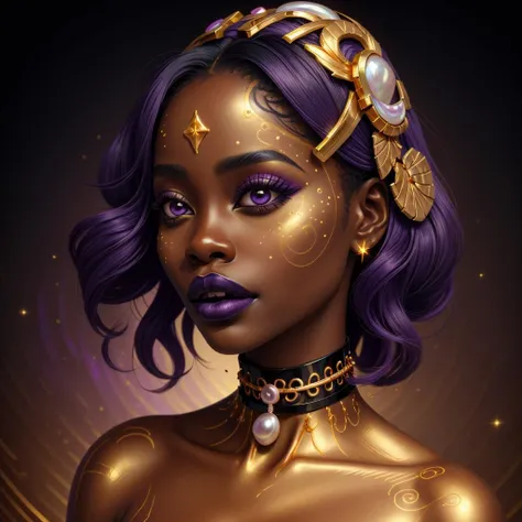 A closeup of an African woman with (celestial hair:1.2), (wearing bodypaint:1.2), her face a canvas of chromatic facepaint. Dark purple lips with a gold outline contrast against her dark skin, as a gold choker adorned with mother of pearl enhances her neck. The background swirls with light gold and violet hues in 32k UHD colorful fantasy realism,<lora:tcg1:.85>