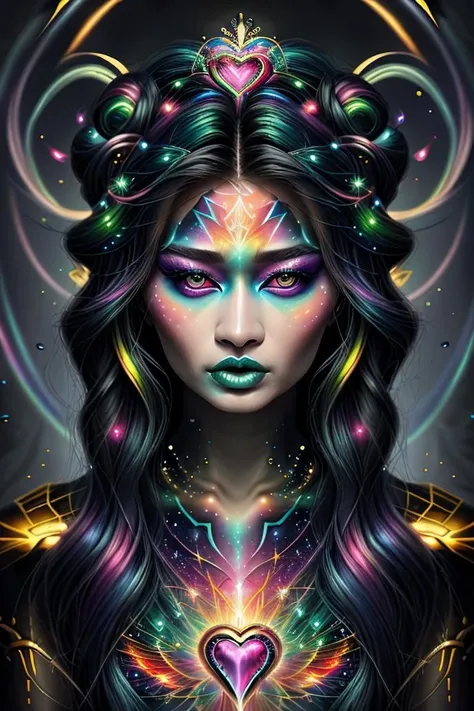 raw photo, masterpiece, 1girl,  full body, On the beach at sunrise next to a cliff with cascading waterfalls, an Asian woman with neon rainbow hair, (long curly hair), stands with facial features that gleam with colorful lights. Her hair glinting in a hyperrealistic fantasy style (rainbow sparkles:1.2), wearing chromatic makeup dominated by dark purple lips with a gold outline, (wearing Sacred Heart Armor:.85), The aura of the image, infused with an anaglyph effect, represents 32k UHD colorful fantasy realism intertwined with pulpy sci-fi vibes, 8k, absurdres, high resolution, (wearing highly chromatic makeup:1.2), sfw <lora:tcg1:.75><lyco:atunev1:.75>