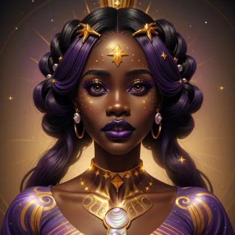 A closeup of an African woman with celestial hair, her face a canvas of chromatic facepaint. Dark purple lips with a gold outline contrast against her dark skin, as a gold choker adorned with mother of pearl enhances her neck. The background swirls with light gold and violet hues in 32k UHD colorful fantasy realism,<lora:tcg1:.85>