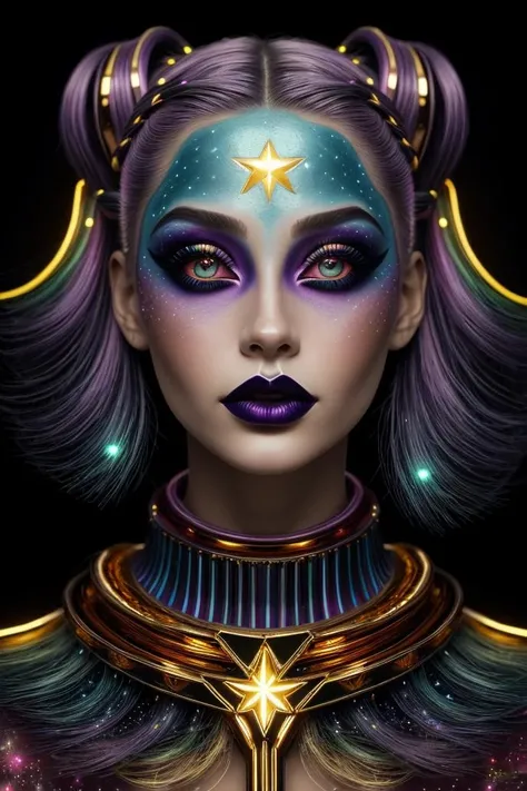 raw photo, masterpiece, 1girl, midshot, In a space where light gold and violet merge, a Caucasian woman with neon rainbow hair, stands with facial features that gleam with colorful lights. Her hair and collar, glinting in a hyperrealistic fantasy style, complement her chromatic makeup dominated by dark purple lips with a gold outline. The aura of the image, infused with an anaglyph effect, represents 32k UHD colorful fantasy realism intertwined with pulpy sci-fi vibes, (wearing bodypaint:.63), rainbow sparkles, 8k, absurdres, high resolution, (wearing highly chromatic makeup:1.2), sfw <lora:tcg1:.75>