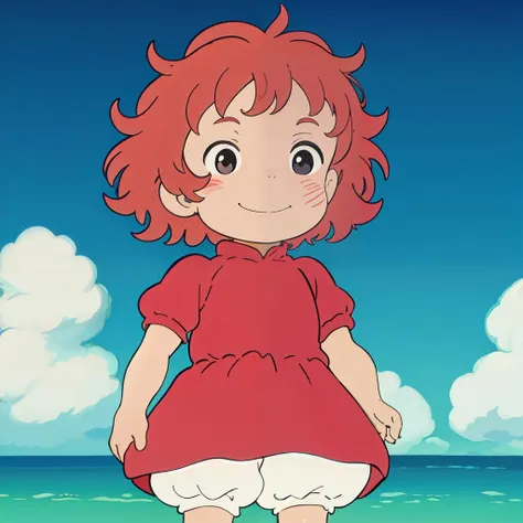 Masterpiece, ultra detailed,1girl, child, flat chest, (solo),short hair, standing, <lora:Ponyo:0.8>, cinematic,curly hair, red dress, bloomers, outdoors, ocean, smile