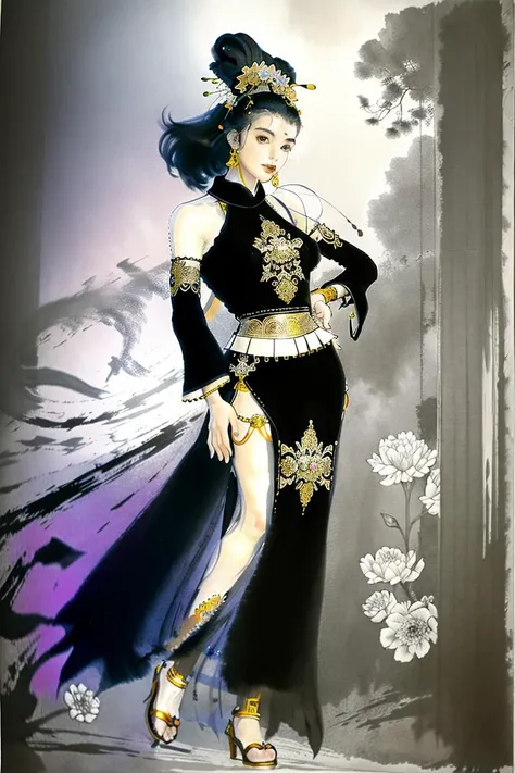artist_\(Chen Uen\), ink illustrations, ink full body portrait, a woman in a dress <lora:50_Chen Uen_1v5_1080_0001BD5e_NR128NA128off-000002:1>