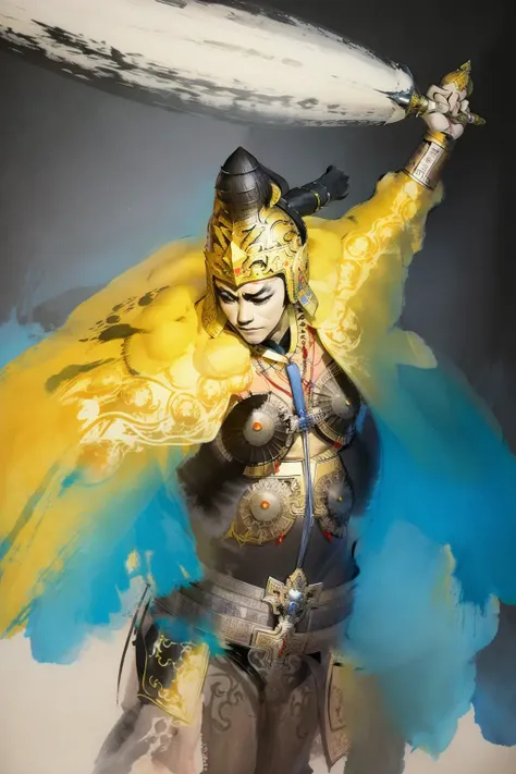 artist_\(Chen Uen\), ink illustrations,  ink full body portrait, intricate facial features,  calligraphic body lines, powerful brushstrokes, ink painting, a man ,in armor,  holding a sword <lora:100_Chen Uen_1v5_1080_0001BD5e_NR128NA128off:1>full body
