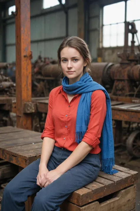 detailed photo of a woman wearing a red shirt and blue scarf, sitting on a wooden crate in a factory, rusted machines in the background