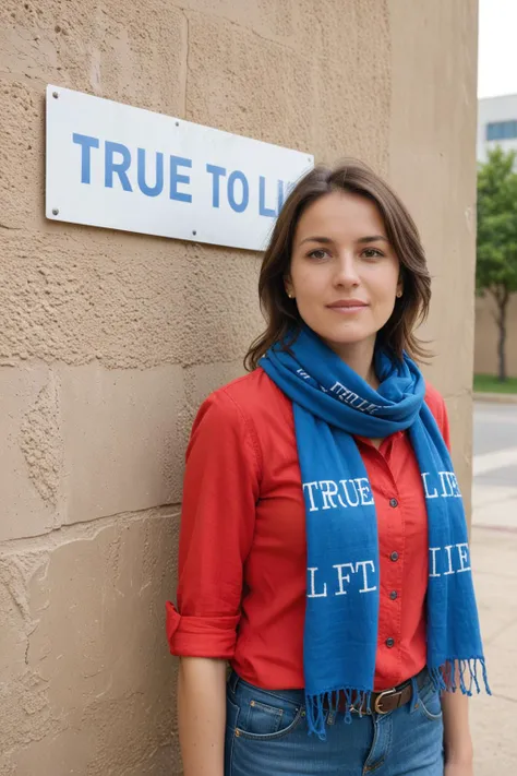 detailed photo of a woman wearing a red shirt and blue scarf, she's standing by a wall with a sign saying "True To Life":1.3