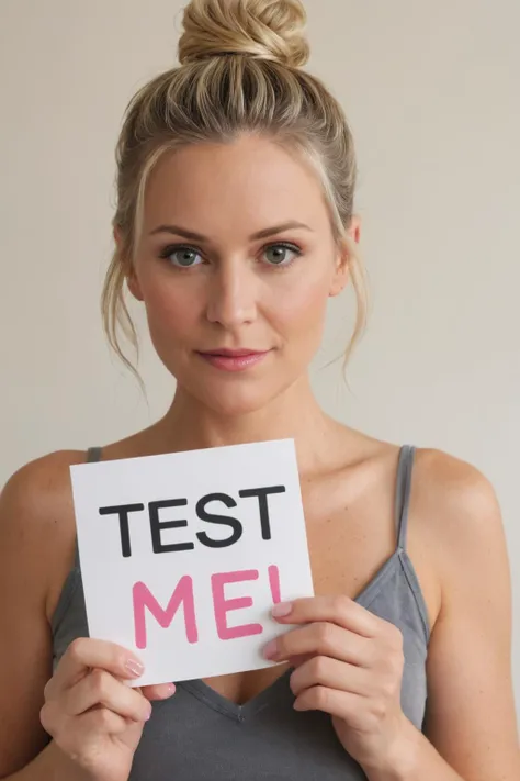 45yo blonde woman with her hair in a bun, (holding a sign saying "test me":1.3), she has perfect hands with pink nail polish.