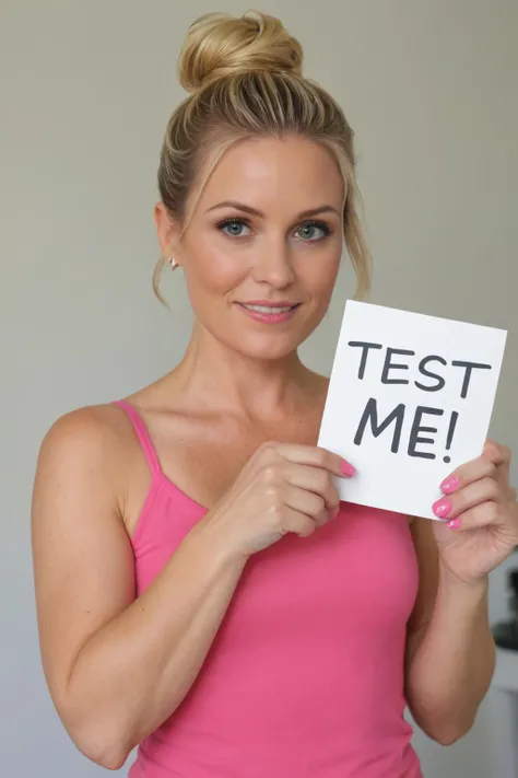 45yo blonde woman with her hair in a bun, (holding a sign saying "test me":1.3), she has perfect hands with pink nail polish.