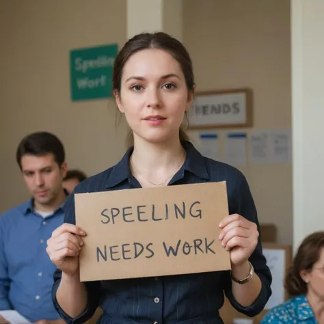 a woman holding a placard saying "SPELLING NEEDS WORK"
