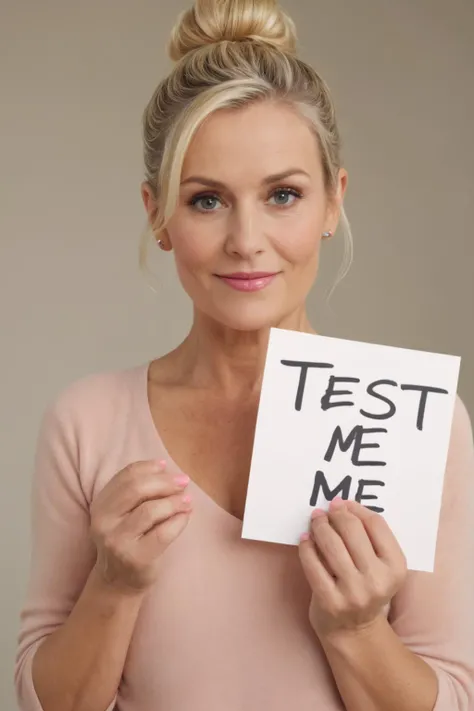 55yo blonde woman with her hair in a bun, (holding a sign saying "test me":1.3), she has perfect hands with pink nail polish.