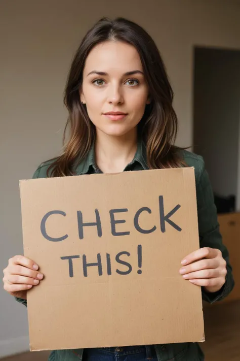 woman holding a sign with text:"check this"