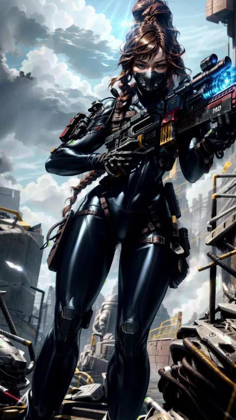 1girl, leather leggings, leggings, tender, skin tight, from below, BREAK, <lora:Officio Assassinorum MK1 by CARAXES:0.8>, callidus, assassin, (brown hair, single braid long hair:1.15), mask, BREAK, (sniper rifle, aiming, holding gun:1.15), <lora:BetterGuns-V1:0.6> BREAK, blue sky, on clouds, heaven, (outdoors:1.15), sunbeam, <lora:add_detail:0.5>, masterpiece, best quality, extremely detailed, highly quality, 4k, sharp focus, professional, sharp focus, award winning, cinematic lighting, octane render, unreal engine, volumetrics dtx, Wallpaper,