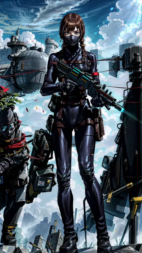 1girl, leather leggings, leggings, tender, skin tight, from below, BREAK, <lora:Officio Assassinorum MK1 by CARAXES:0.8>, callidus, assassin, (brown hair, single braid long hair:1.15), (mask:1.15), BREAK, (sniper rifle, aiming, holding gun:1.15), <lora:BetterGuns-V1:0.6> BREAK, blue sky, on clouds, heaven, (outdoors:1.15), sunbeam, <lora:add_detail:0.5>, masterpiece, best quality, extremely detailed, highly quality, 4k, sharp focus, professional, sharp focus, award winning, cinematic lighting, octane render, unreal engine, volumetrics dtx, Wallpaper,