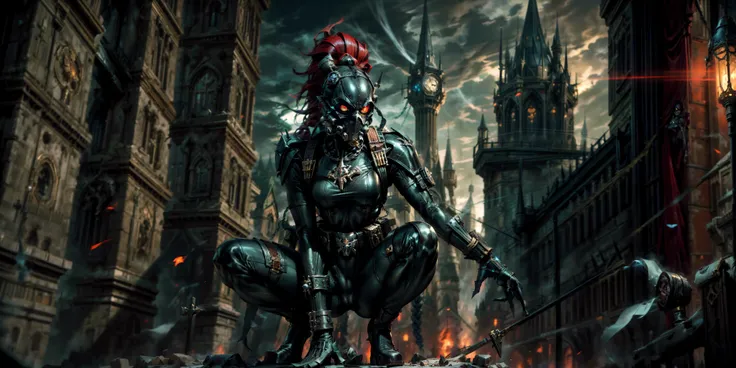 Generate a stunning art style, a true [masterpiece] [best quality] of art. The image showcases [detailed linework], [dynamic shading], and [dramatic lighting], bringing to life a [dreading atmosphere, grim dark coloures] . In the background a [gothic hive spire city, warhammer 40k] is to be seen in [grand:1.8, high-scale:1.8, panorama:1.8]  from  [from below].
A callidus:1.3, solo:1.3 is [squatting, from from above ] in front of the edge of a tower stalking its prey.  It is wearing a [stunning skin tight bodysuit] with a [skin tight mask] which has a [red glowing eye]. Its [red braid is waving] in the wind.
<lora:more_details:1> <lora:Officio Assassinorum MK1 by CARAXES:0.7>