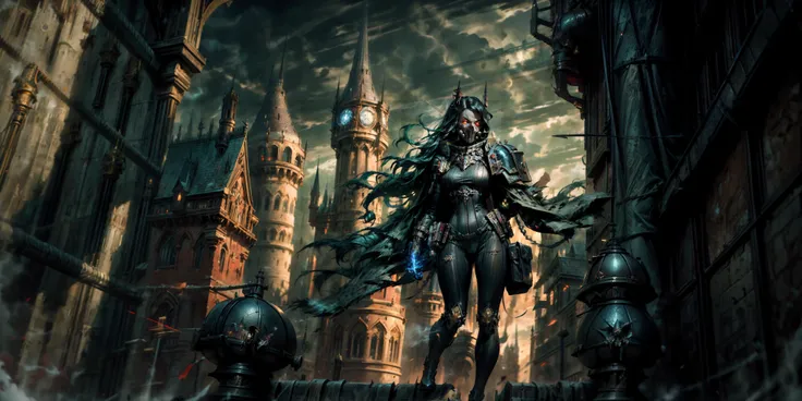 Generate a stunning art style, a true [masterpiece] [best quality] of art. The image showcases [detailed linework], [dynamic shading], and [dramatic lighting], bringing to life a [dreading atmosphere, grim dark coloures] . In the background a [gothic hive spire city, warhammer 40k] is to be seen in [grand:1.8, high-scale:1.8, panorama:1.8]  from  [from below].
A callidus:1.3, solo:1.3 is [standing, from from above ] in front of the edge of a tower stalking its prey.  It is wearing a [stunning skin tight bodysuit] with a [skin tight mask] which has a [red glowing eye]. Its [red braid is waving] in the wind.
<lora:more_details:1> <lora:Officio Assassinorum MK1 by CARAXES:0.7>