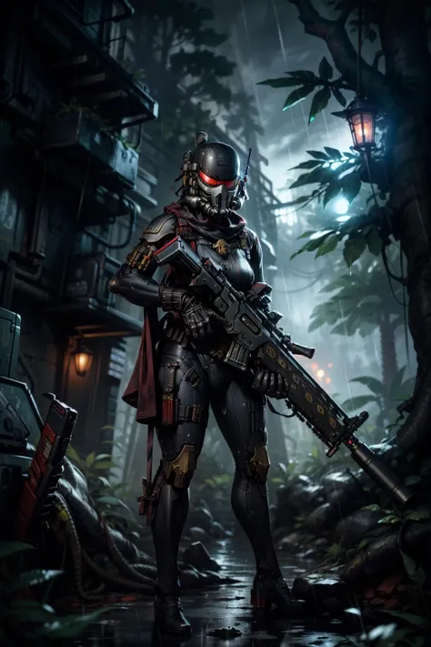 photo of , ((vindicare:1.2)), ((solo:1.3)), mask, red glowing visor, fully covered face, black bodysuit, weapon over shoulder, sniper rifle, <lora:tool - add_detail:0.5>
standing on top of tree, standing by massive tree, lush jungle, dense jungle, rain forest, dark ambiance, night time, <lora:Officio Assassinorum MK1 by CARAXES-000029:0.7>