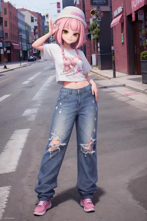 masterpiece, high quality, realistic, <lora:APOKI:0.7><lyco:GoodHands-beta2:1.0>
APOKI, 1girl, solo, pink hair, pants, hat, photo background, smile