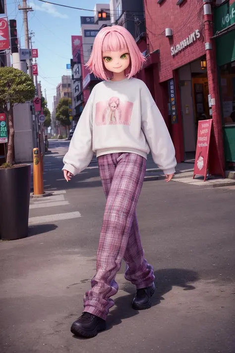 masterpiece, high quality, realistic, <lora:APOKI:0.7><lyco:GoodHands-beta2:1.0>
APOKI, solo, 1girl, plaid pants, pink hair, pants, plaid, walking, bangs, looking at viewer, sweater, shoes, long sleeves, simple background, full body, pink pants, blunt bangs, sleeves past wrists, smile, green eyes