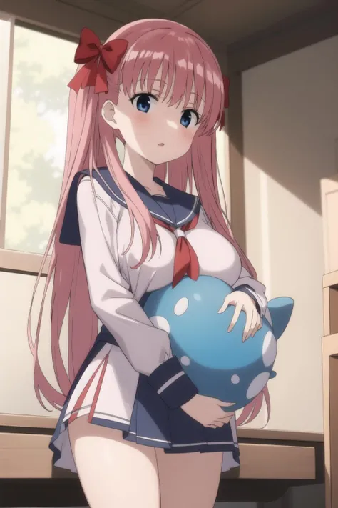 nodokaharamura, 1girl, solo, pink middle hair, huge breasts, red ribbon,
schooluniform, thighhighs, loafers, stuffed penguin,
<lora:nodokaharamura:0.8>
indoor, sitting, holding stuffed penguin in arm,