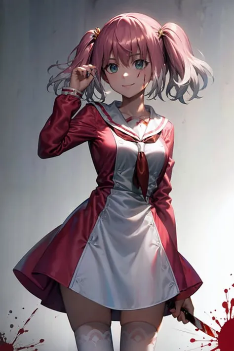masterpiece, best quality,1girl,standing, smile,holding, knife, holding knife, blood,blood on clothes,blood on face,kbxll