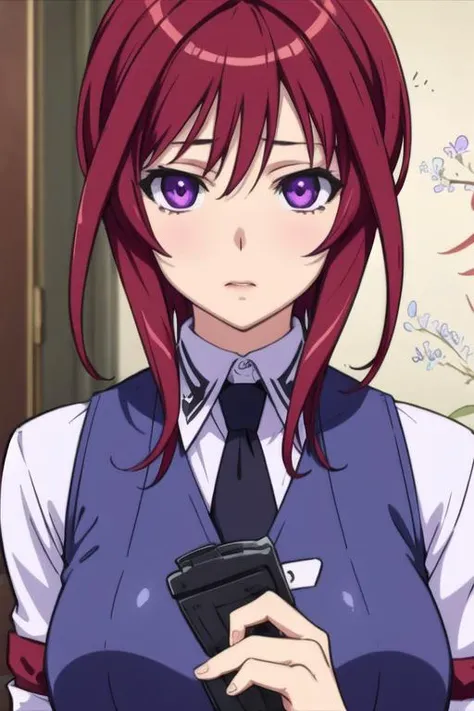 masterpiece, best quality, wallpaper, 1girl, solo, looking at viewer, , , <lora:mafuyu_oribe:0.68>, mafuyu_oribe, purple eyes, red hair, , science fiction social science fiction, 16k resolution