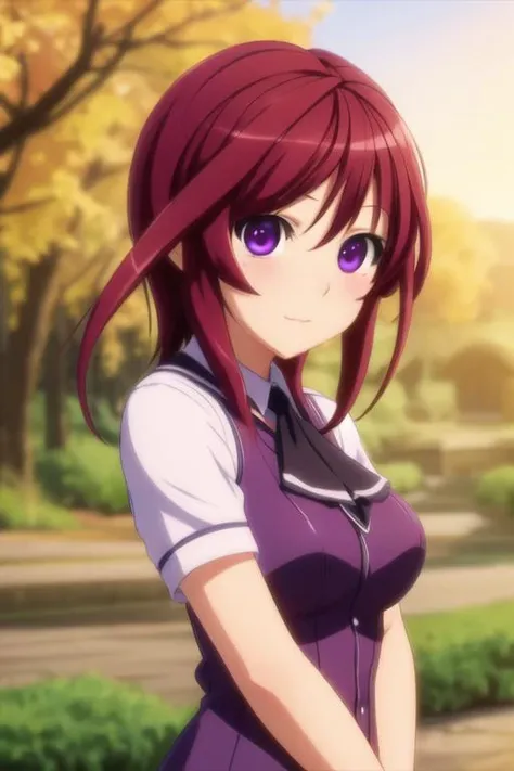 masterpiece, best quality, , 1girl, solo, looking at viewer, , depth of field, <lora:mafuyu_oribe:0.68>, mafuyu_oribe, purple eyes, red hair, , , , 12k resolution