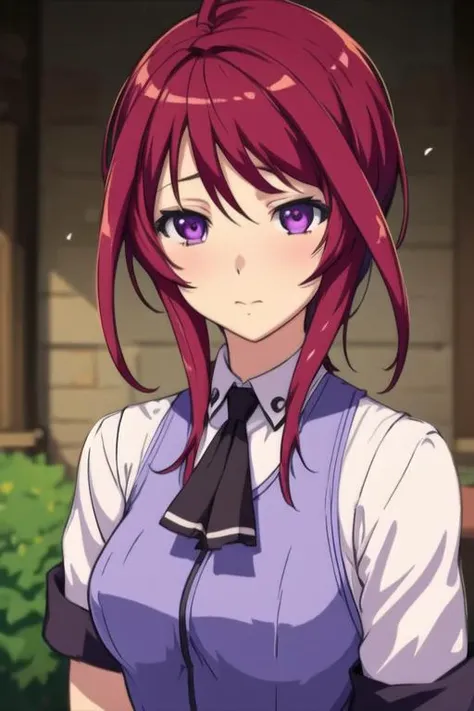 masterpiece, best quality, illustration, 1girl, solo, looking at viewer, upper body, depth of field, <lora:mafuyu_oribe:0.74>, mafuyu_oribe, purple eyes, red hair, , , fairytale,