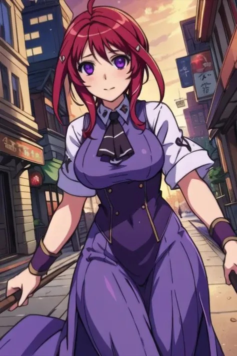 masterpiece, best quality, game cg, 1girl, solo, looking at viewer, , , <lora:mafuyu_oribe:0.66>, mafuyu_oribe, purple eyes, red hair, luxury clothing, , The City of Glas,