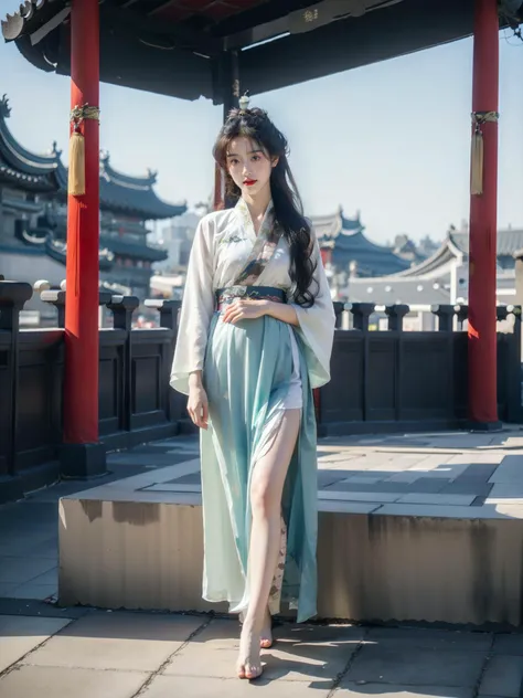 8K raw photo,Best quality,masterpiece,ultra high res,aGirl,full body,((Hanfu :1.5)),((classical architecture)),Chinese culture theme,natural fair skin,big eyes,facial details,smile,sunny day,(black hair, extra long hair),(looking at the audience),standing,(good hands, five fingers),delicate styling,(slender, straight legs),((barefoot)),wonderful light,wen wan,chinese women,red lips,Real shadows,ray tracing,looking from the bottom up,((Chinese style)),,,<lora:Chinese style_20230608163116-000018:0.6>,<lora:biyu_20230629222037:0.3>