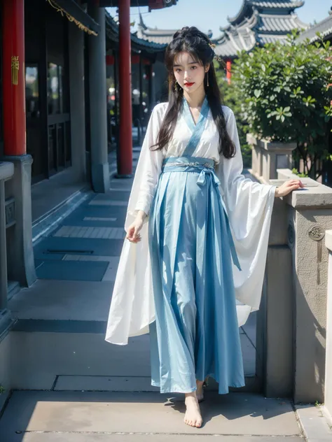 8K raw photo,Best quality,masterpiece,ultra high res,aGirl,full body,((Hanfu :1.5)),((classical architecture)),Chinese culture theme,natural fair skin,big eyes,facial details,smile,sunny day,(black hair, extra long hair),(looking at the audience),standing,(good hands, five fingers),delicate styling,(slender, straight legs),((barefoot)),wonderful light,wen wan,chinese women,red lips,Real shadows,ray tracing,looking from the bottom up,((Chinese style)),,,<lora:Chinese style_20230608163116-000018:0.6>,<lora:biyu_20230629222037:0.3>